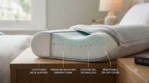 Cross-section diagram showing how memory foam pillows maintain proper spine alignment for side sleepers.