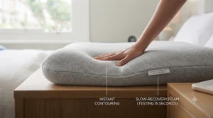Hands pressing down on a memory foam pillow to demonstrate high-density shape retention.