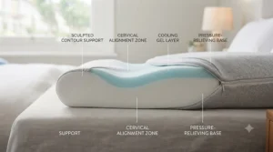 An orthopaedic contour memory foam pillow providing targeted neck pain relief.