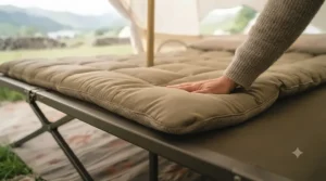 Ergonomic padded mattress layer on top of a comfortable raised camp bed for camping.