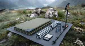 Portable camping cot components laid out next to trekking poles for scale.[cite: 8]