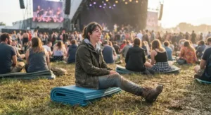 Festival-goer sitting comfortably on a folded roll mat while watching bands on the main stage arena grass.