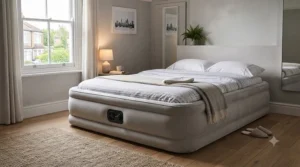 Close-up of the integrated electric pump valve on a queen size air bed showing effortless inflation for home use.