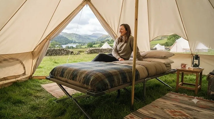 Comfortable raised camp bed set up in a spacious family tent on a British campsite. raised camp bed for comfort
