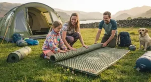 A family-sized roll-up foam sleeping mat being unrolled on the grass at a family campsite in the English countryside.