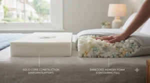 Illustration comparing shredded memory foam and solid block fillings inside a standard pillow.