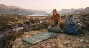 An ultralight foam sleeping mat rolled up and ready for lightweight wild camping in the Scottish Highlands.