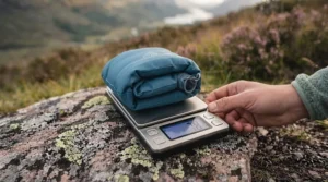 A highly compressed and folded blue inflatable hiking pillow (packed size) is placed on a precision digital pocket scale. The scale's LCD screen clearly displays the weight as "78g". The scale rests on a lichen-covered rock, with the Scottish Highlands landscape providing context in the background.