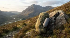 A lightweight trekking rucksack resting on a heather-covered hillside in Snowdonia with an attached ultralight inflatable camping pillow ready for a long-distance hike.