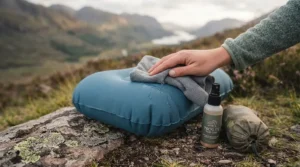A human hand is shown wiping the surface of the blue inflatable hiking pillow (lightly inflated) with a damp, grey microfiber cleaning cloth. Water droplets are visible on the fabric, demonstrating the ease of cleaning and water-resistant properties. A small bottle of gear cleaner and a stuff sack are resting nearby on the rocky ground.