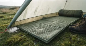 A waterproof foam sleeping mat providing insulation and a dry barrier against damp ground inside a tent during a rainy British camping trip.