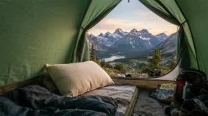 A compressible camping pillow resting inside a tent during a Highland hiking trip