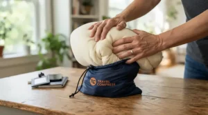 Packing a compressible camping pillow into a stuff sack for lightweight backpacking