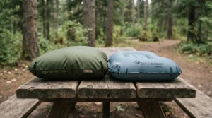 Comparing a soft compressible camping pillow with an inflatable design at a campsite