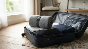 A neat compressible pillow for car camping packed into luggage for a multi-destination travel adventure.