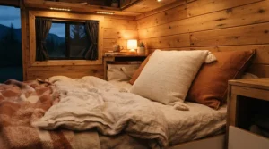 A supportive compressible pillow for car camping resting on a neatly made bed inside a converted campervan.