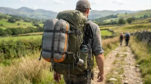 A lightweight compressible pillow for car camping strapped to the outside of a rucksack on a scenic walking trail.