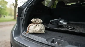 A compressible pillow for car camping squeezed into a small storage sack inside a car boot, ready for a weekend trip.