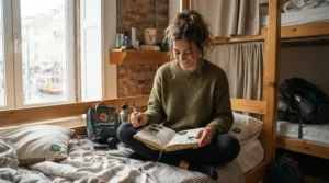 A backpacker checking their checklist featuring a cotton liner for hostel travel