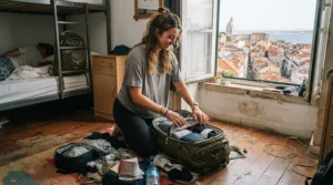 Unpacking a cotton liner for hostel travel in a European city accommodation