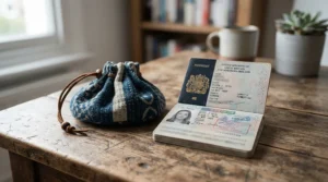 A compact cotton liner for hostel travel in its small storage pouch next to a passport