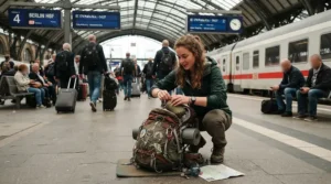 A traveller packing a cotton liner for hostel travel inside a backpack at a busy British railway station