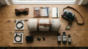 Lightweight cotton liner for hostel travel neatly rolled alongside other packing essentials