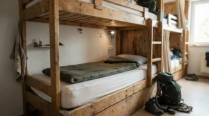 A clean cotton sleeping bag liner used on a hostel bunk bed for extra hygiene while travelling