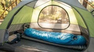 A lightweight cotton sleeping bag liner laid out inside a tent during a warm summer camping trip