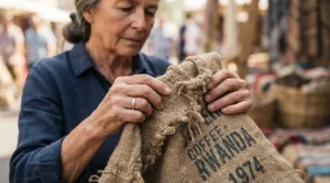 Close-up of a soft cotton sleeping bag liner being inspected during a gear review outdoors