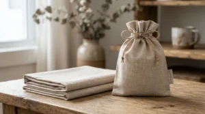 A neatly folded cotton sleeping bag liner beside its matching drawstring travel stuff sack