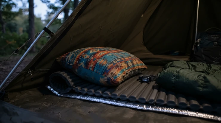 A hybrid foam-fill compressible camping pillow on a sleeping mat in the Lake District