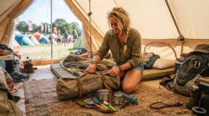 A festival-goer unpacking a portable cotton sleeping bag liner inside a colourful pitch tent