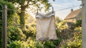 A freshly laundered machine-washable cotton sleeping bag liner hanging on a washing line to dry