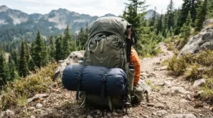 Self-compressing camping gear featuring a compressible camping pillow attached to a rucksack