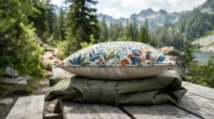 A clean compressible camping pillow with a removable cover at a woodland campsite